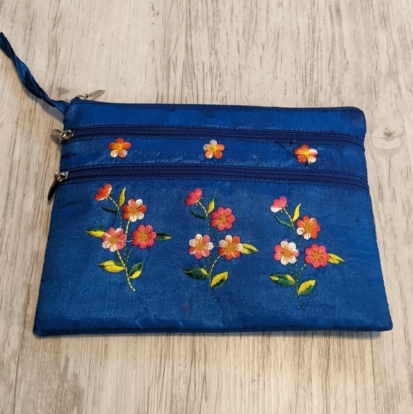 Floral Embroidered Zipper Bag in Blue with Multicolor Flowers - Picture 2 of 5